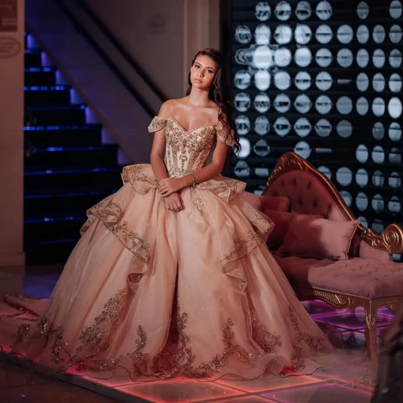 

Customized champagne color Quinceanera Dresses Off the Shoulder sequin applique crystal Long tail Bow Vestido 15 Quinceanera