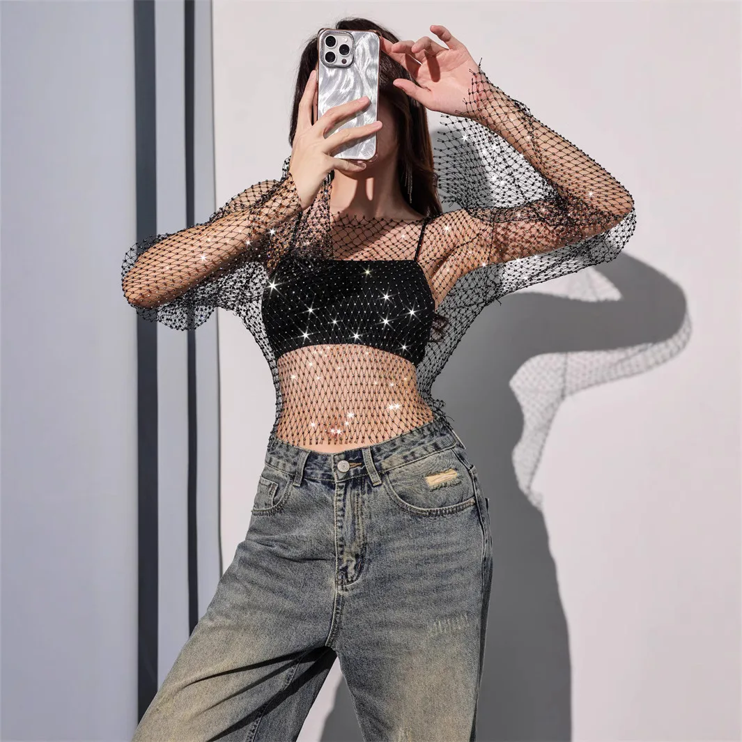 Sexy Hollow out Beach Net Shirt Women's T-shirt Cross-Border Hot Sale Diamond Embellished Sleeveless round Neck Long Sleeve Top