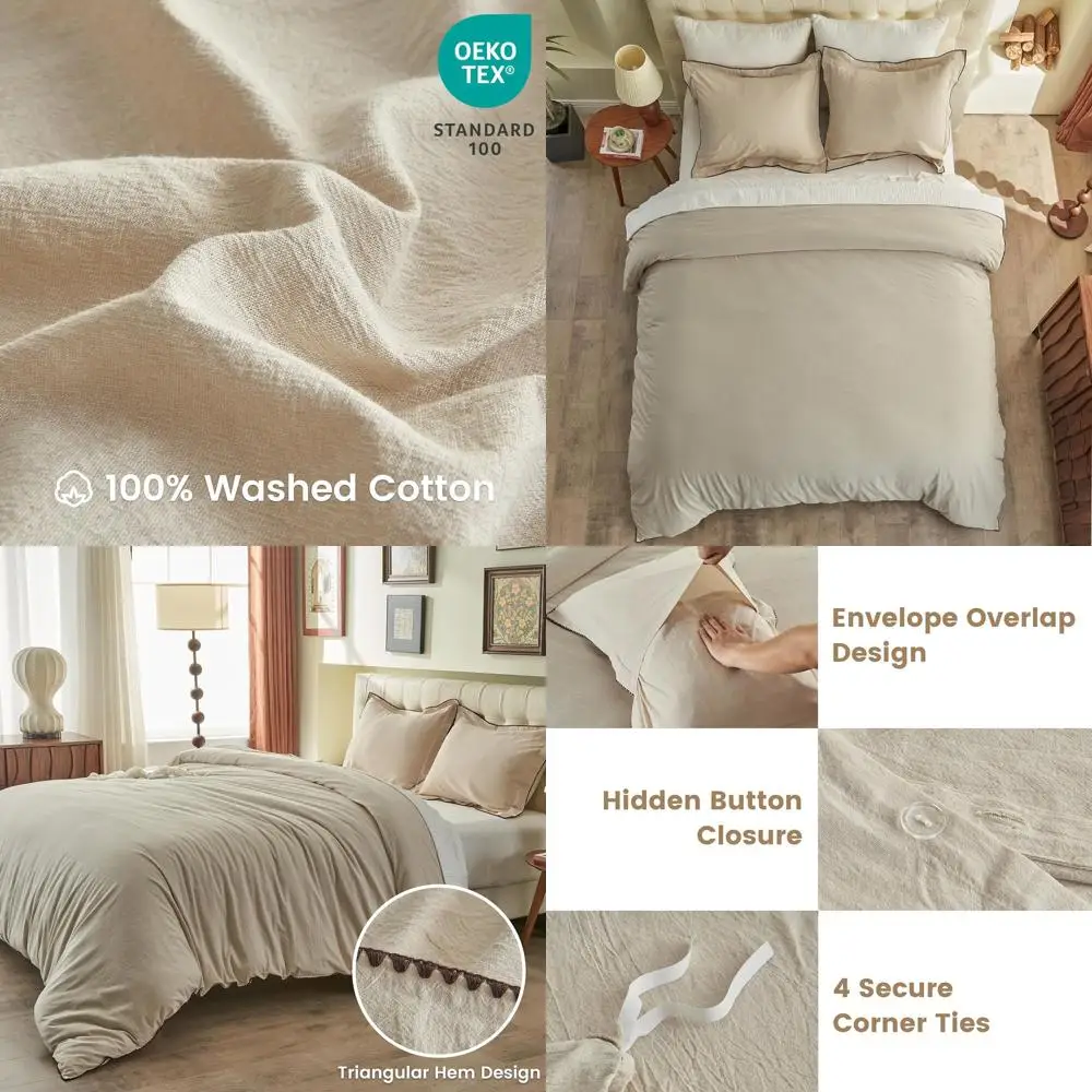 

Полноразмерный комплект бежевого хлопкового пододеяльника — комплект из трех предметов с треугольным краем, мягкое, дышащее льняное постельное белье