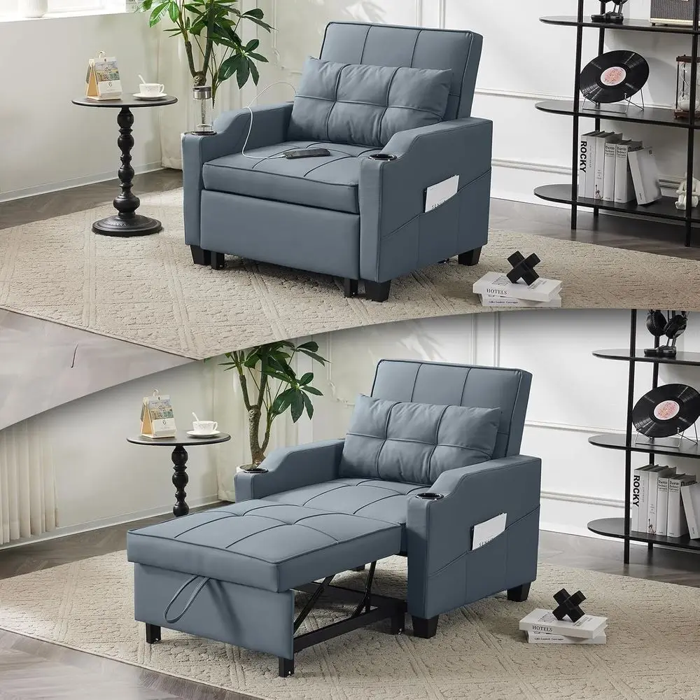 Sleeper Chair with Pull Out Couch Bed, 3-in-1 Convertible Soa Bed Chaise Recliner with USB Ports, Cup Holders, Side kets or Livi