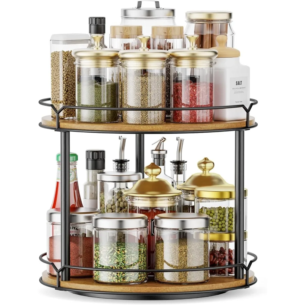 

Two-Tier Wooden Rotating Spice Rack Organizer for Kitchen, Pantry, and Bathroom Storage