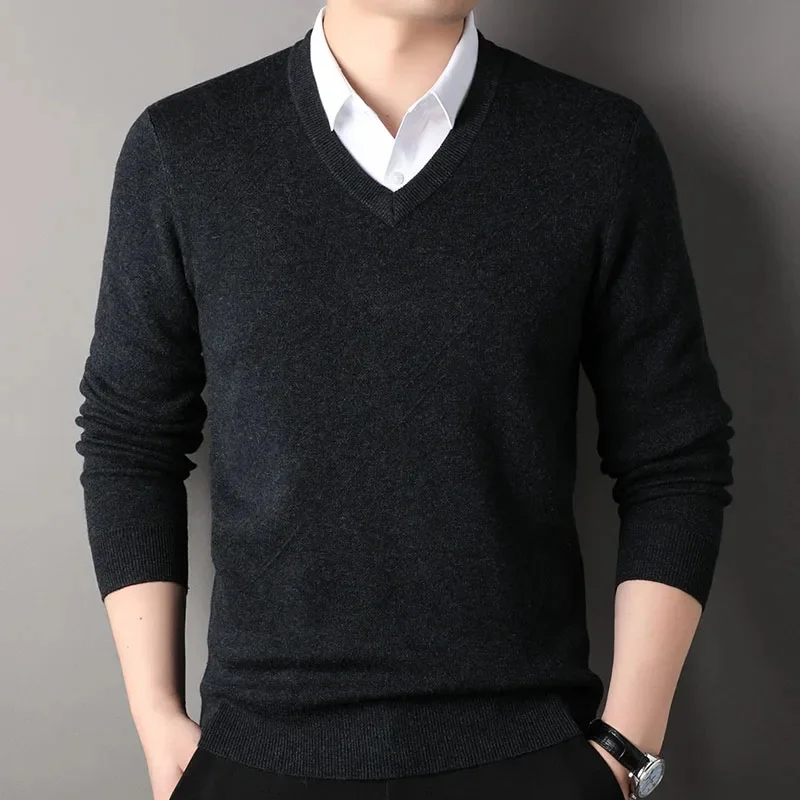 

Sweater Cashmere Men's 100% Pure Autumn Winter V-neck Solid Color Double-Strand Thickened Heart-Shaped Collar