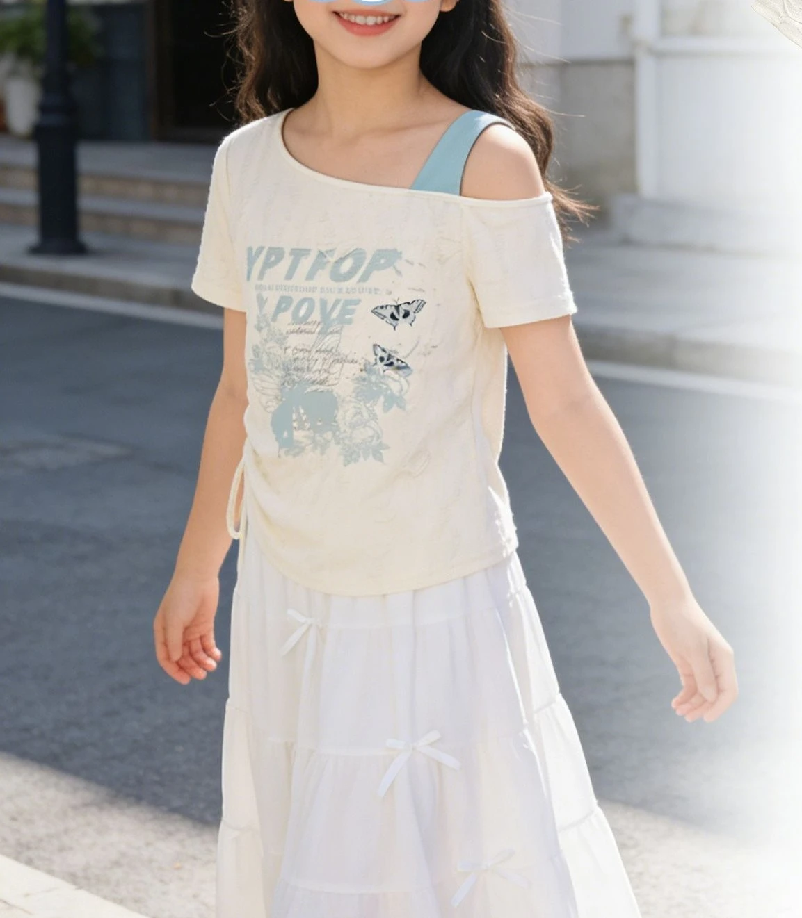 Summer New Children Korean Printed Slanted Shoulder Short Sleeved Stylish Cute Skirt Comfortable and Versatile Breathable Set
