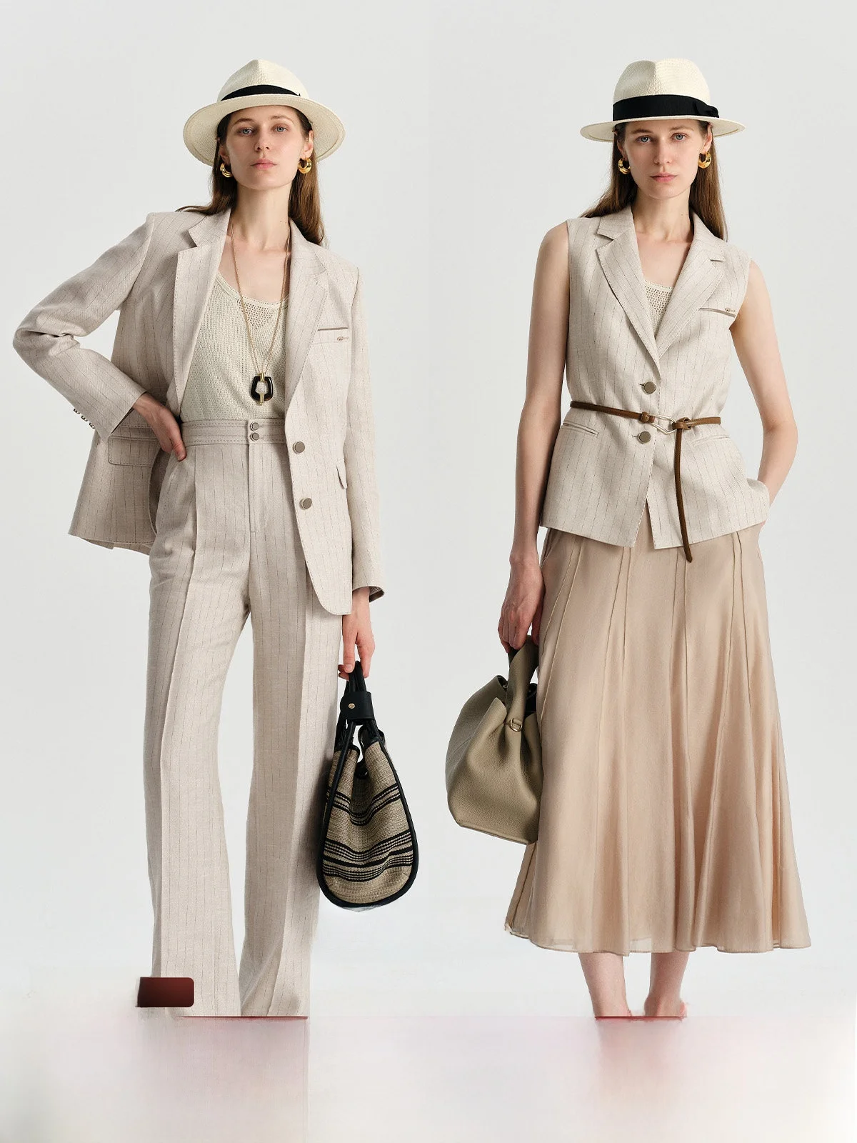 

YiYi Banker Imported Gold Thread Linen VTG Money Color Woven Stripe Suit Vest Straight Leg Pants Women's Fashion Set Autumn