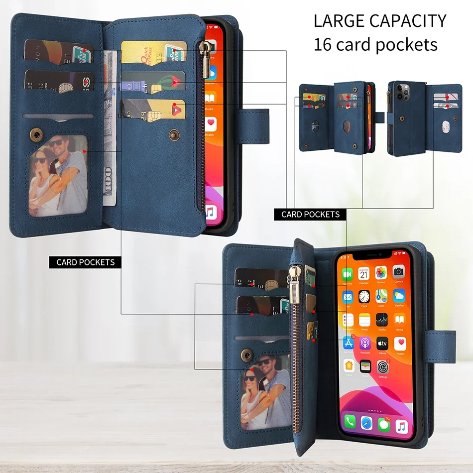 Multi Card Slots Case for OPPO Find X3 Pro X5 Lite Reno 12 7 Lite 5Z 4Z A60 A79 A58 A78 A96 A74 Wallet Zipper Flip Leather Cover