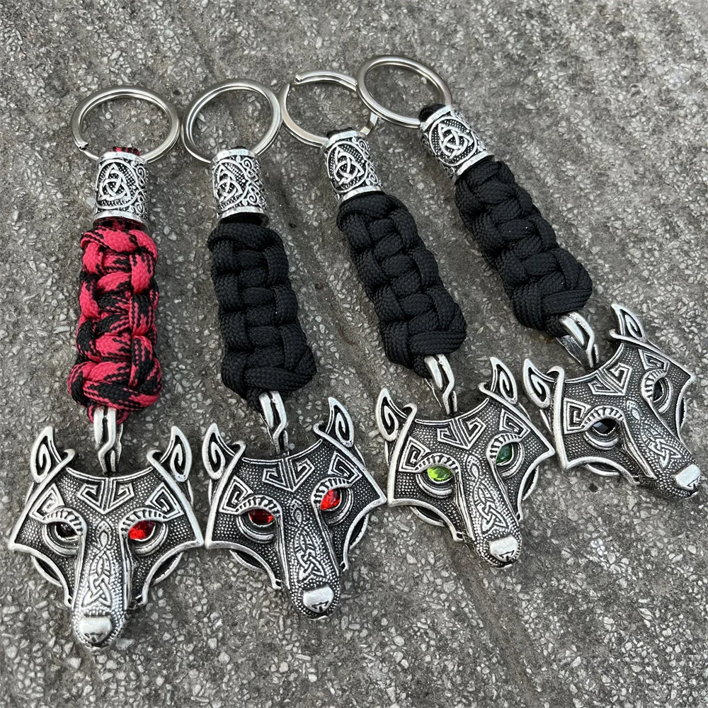 1Pcs Wolf Head Trinity Bead Diy Lanyard Viking Jewelry Survival Rope Keychain Handmade Womens Mens Paracord Keyring