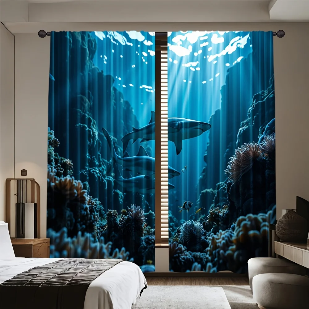 2pcs Shark Curtains Underwater Ocean Coral Reef Print Drape Kids Room Marine Life Window Treatment Blue Sea Decor Panels