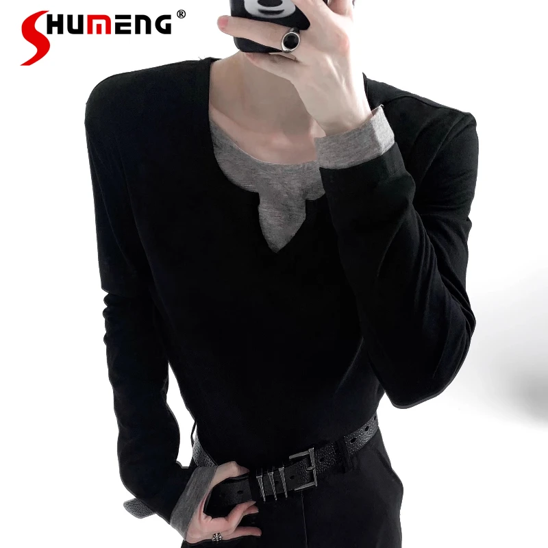 

Men's 2025 Autumn New Faux Two-Piece Contrast Color T-Shirts High-End Slim Fit Chic Tops Male Long Sleeve Handsome Classic Tees