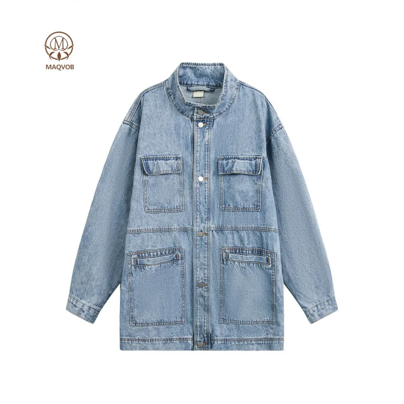 

MAQVOB EU US Size Trendy Brand Retro Multi-Pocket Washed Mid-Length Denim Jacket Unisex Loose Casual Workwear Jacket