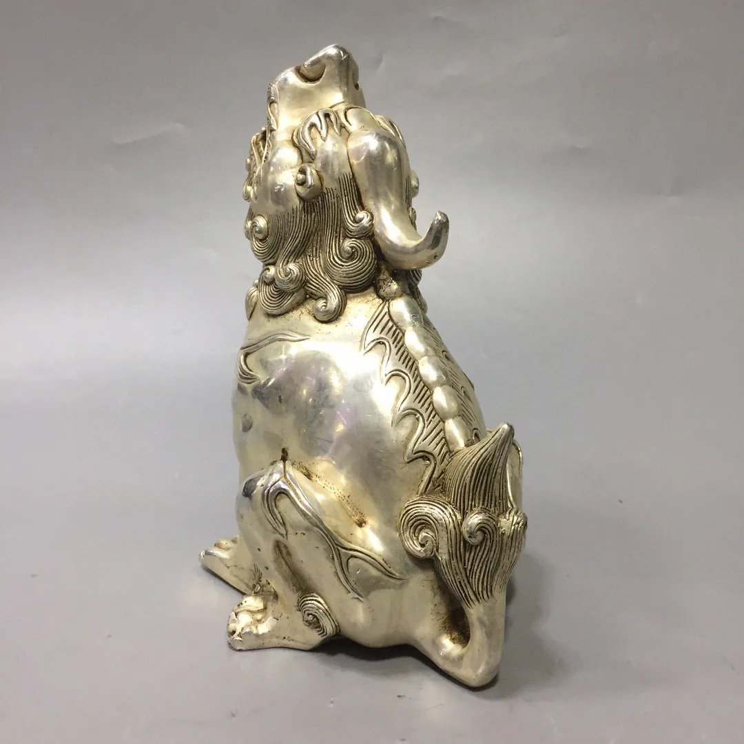 Silver Plated White Copper Sky Roaring Beast Figurine Chinese Unicorn Pixiu Statue Feng Shui Home Ornament Collectible Decor