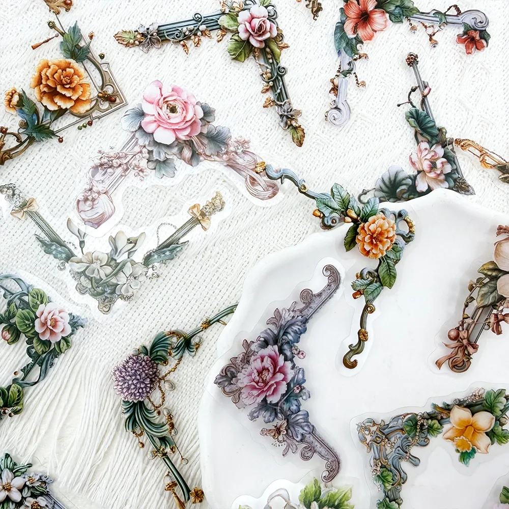 50 stücke Retro Blume Rahmen PET Aufkleber Aufkleber Für Telefon Laptop Notebook Kühlschrank Gitarre DIY Ästhetische Transparente Aufkleber – Detail 12