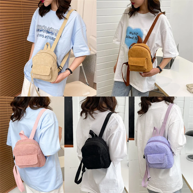 Solid Color Corduroy Mini Backpack Lightweight Small Backpacks Travel Rucksack School Baskpack Campus Junior Multiple Pocket