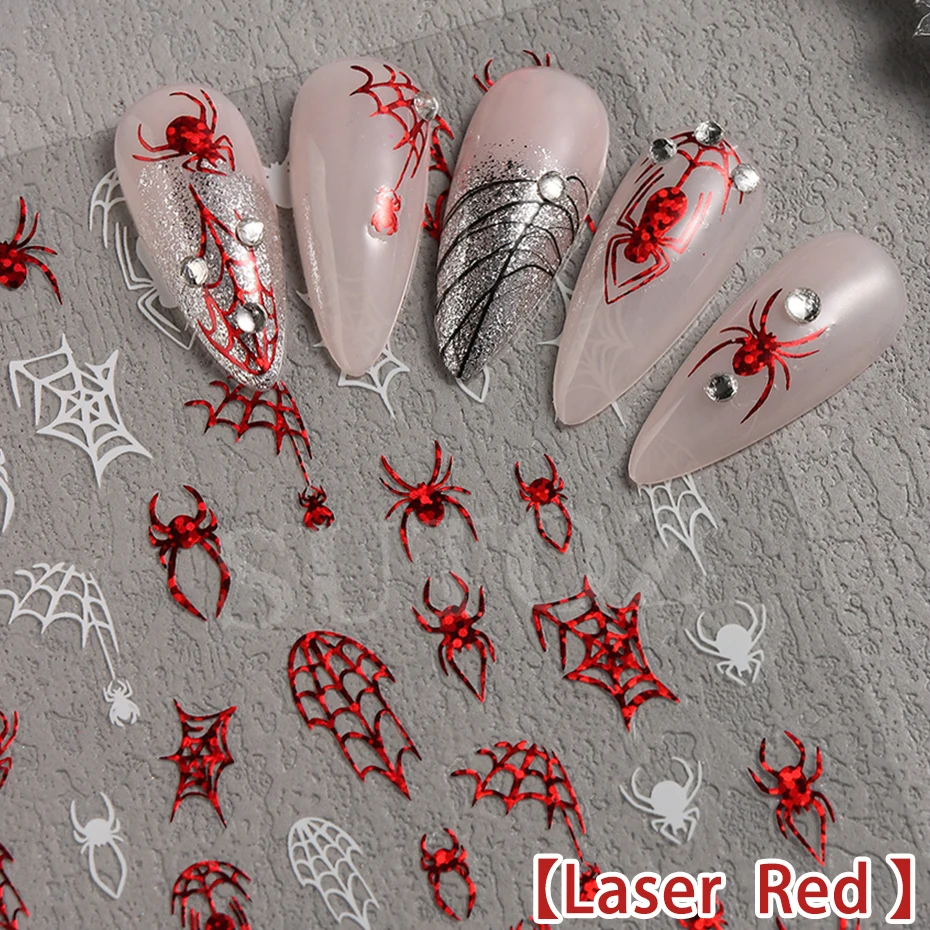 Red Spiders Halloween Nail Stickers, DIY Nails Charms Decor, Y2K Laser, Aranha e Cobweb, Preto e branco, Night Party, LESU-37