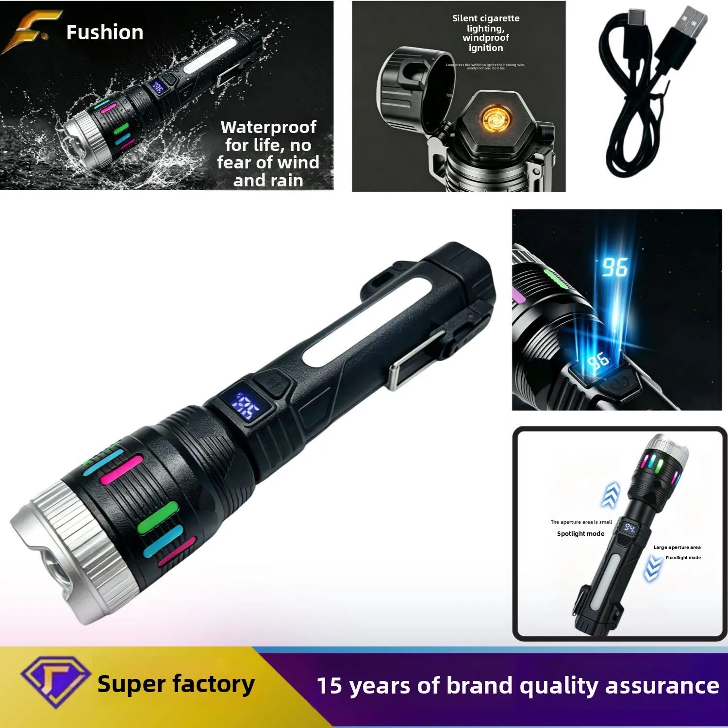 USB Rechargeable Super Bright LED Flashlight with Electric Heating Wire Cigarette Lighter Outdoor Long Range Portable Torch