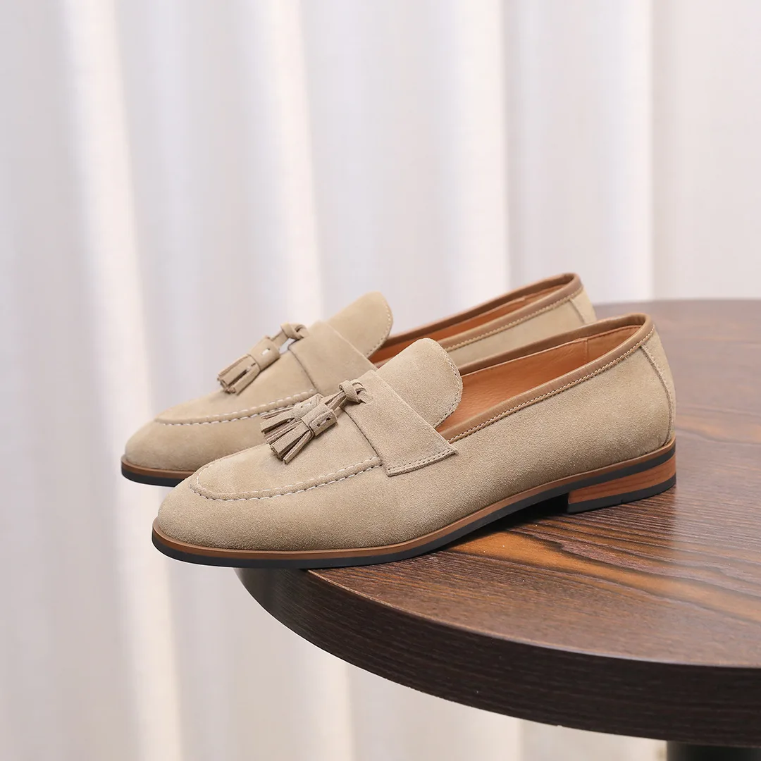 Brown Tassel Round Head Men Loafers Fall Fashion Outdoor Flats Cover Heel Male Dress Shoes Zapatos Para Hombres