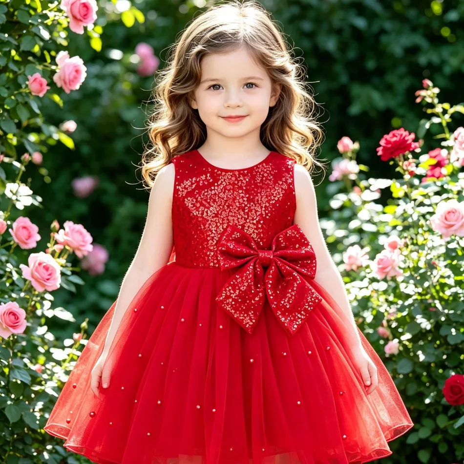 Girls Xmas Red Sequin Tulle Princess Dress Sleeveless Big Bow Pearl Tutu Gown Kids Christmas New Year Birthday Party Dress ZD37