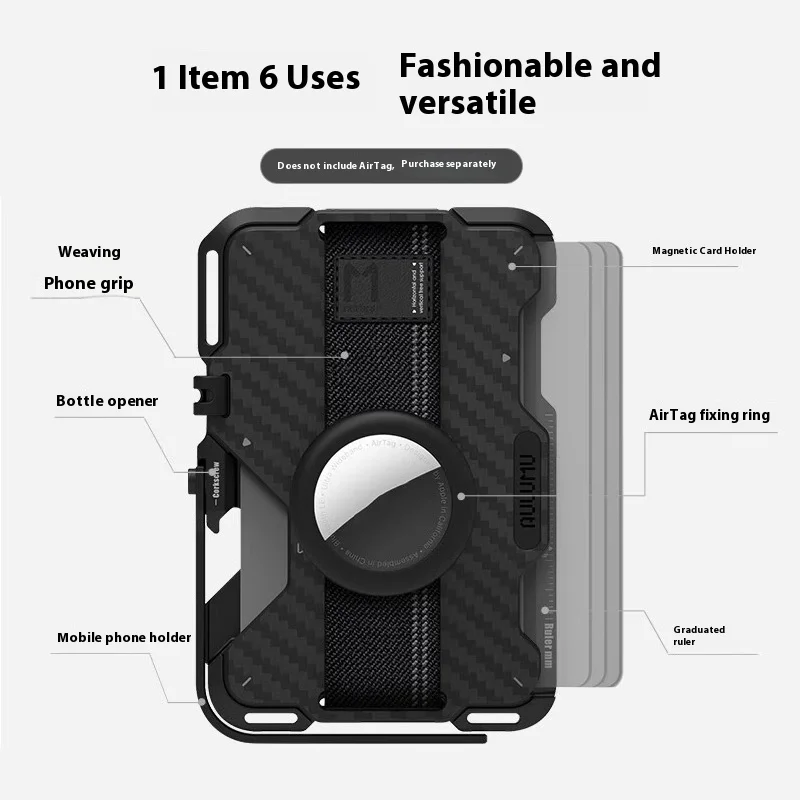 Aulumu G03 Magnetische Koolstofvezel Portemonnee: 6-in-1 Veelzijdige Kaarthouder Stand Grip Flesopener RFID Shield Heren Cadeau