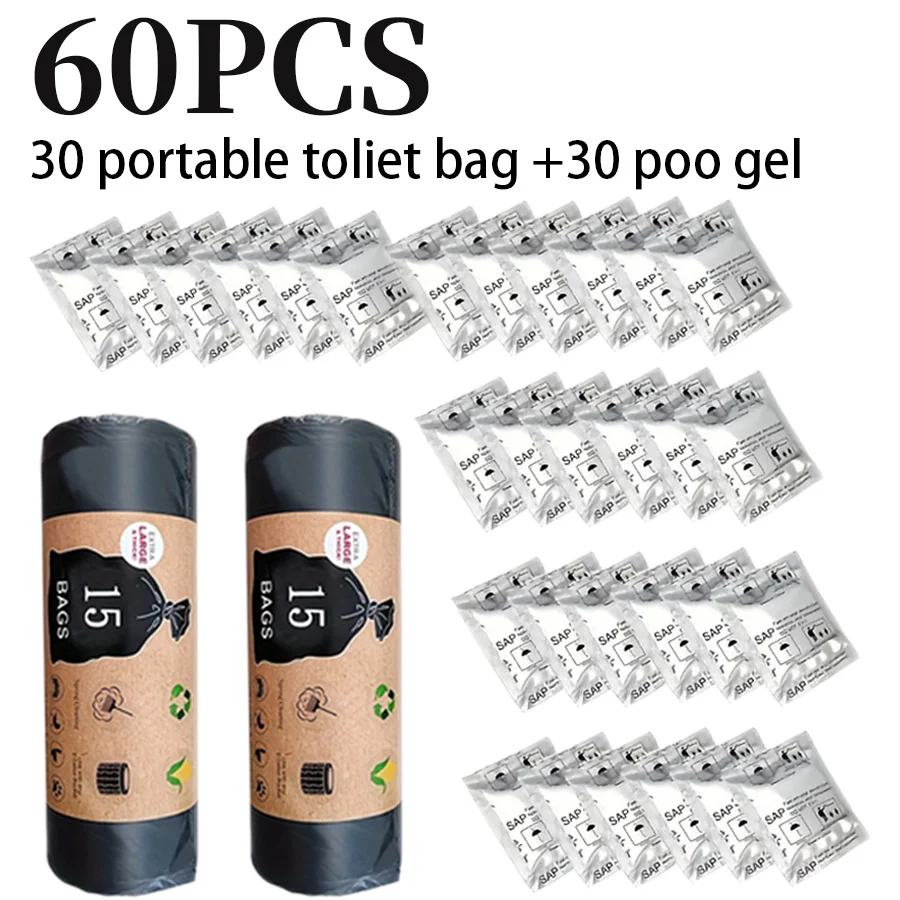 60pcs Portable Toilet Kit | 30 Bags & 30 Gel Packs for Camping, Hiking, Car Travel