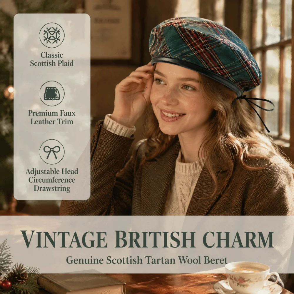 Casual British Style Tartan Plaid Beret Drawstring Y2K Newsboy Cap Retro PU Leather Trim Artist Hat Travel