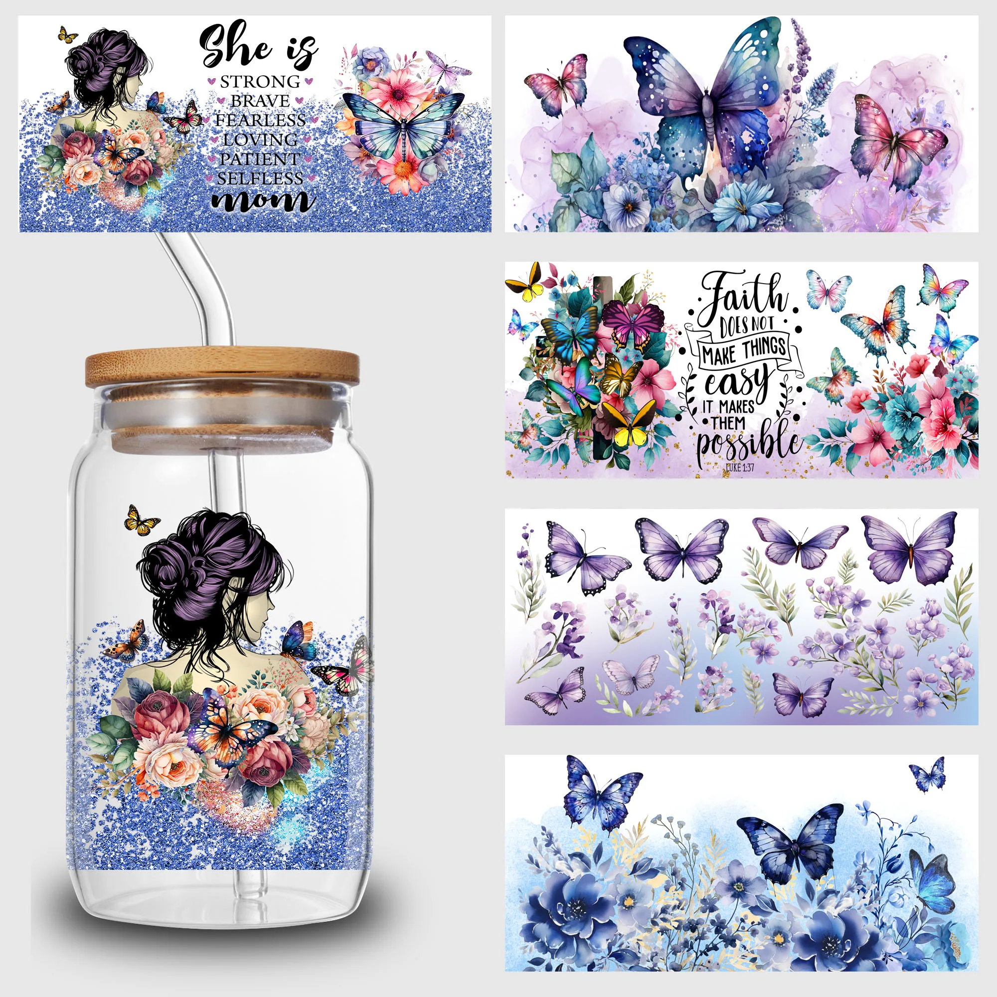 5 Sheets Butterfly and Flowers UV DTF Cup Stickers,DTF Transfer Stickers, Waterproof Plant Wipe Transfer Paper for 16 oz Glass