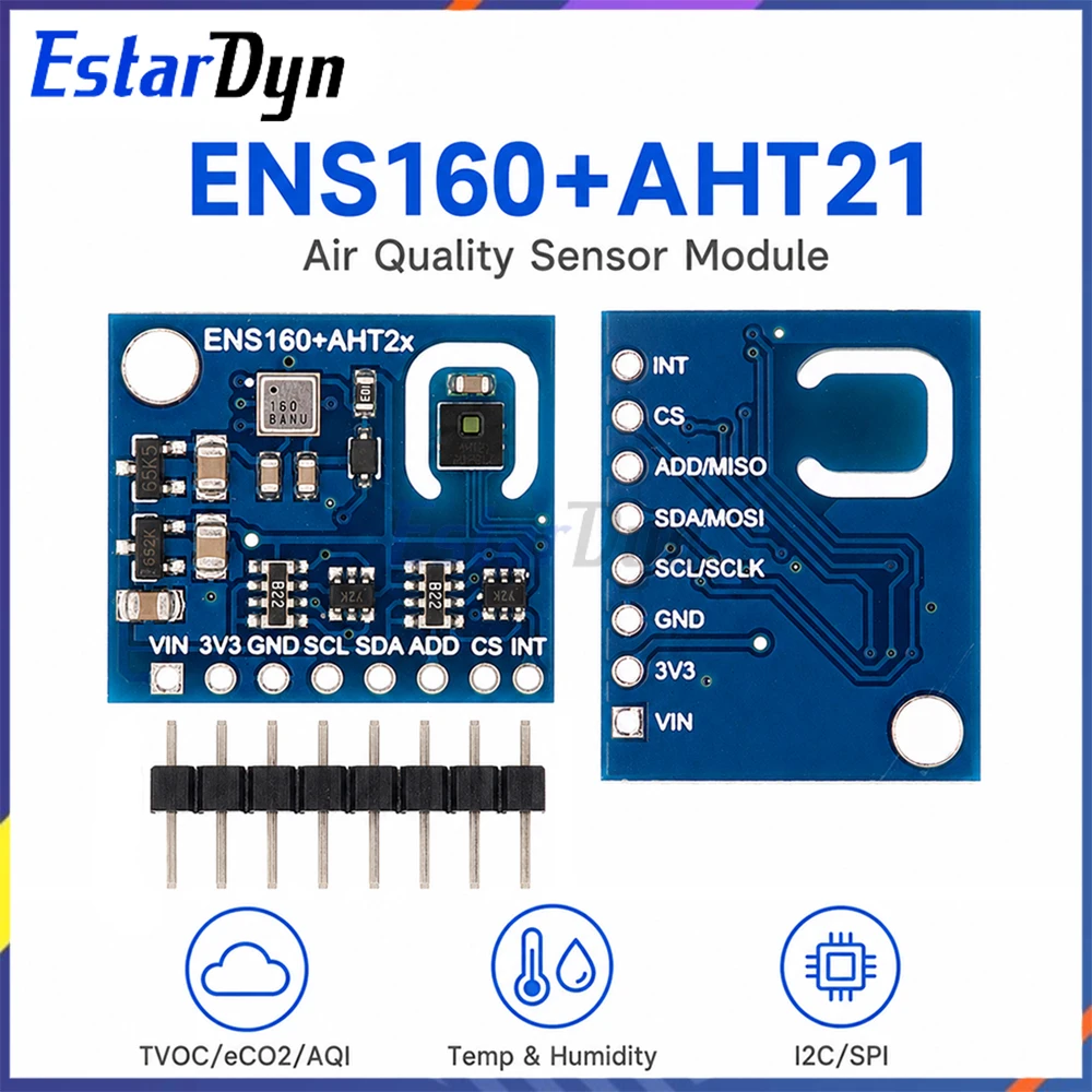 Estardyn ENS160 AHT21 Digital CO2 eCO2 TVOC Air Quality Temperature Humidity Sensor Module I2C for Air Monitor DIY