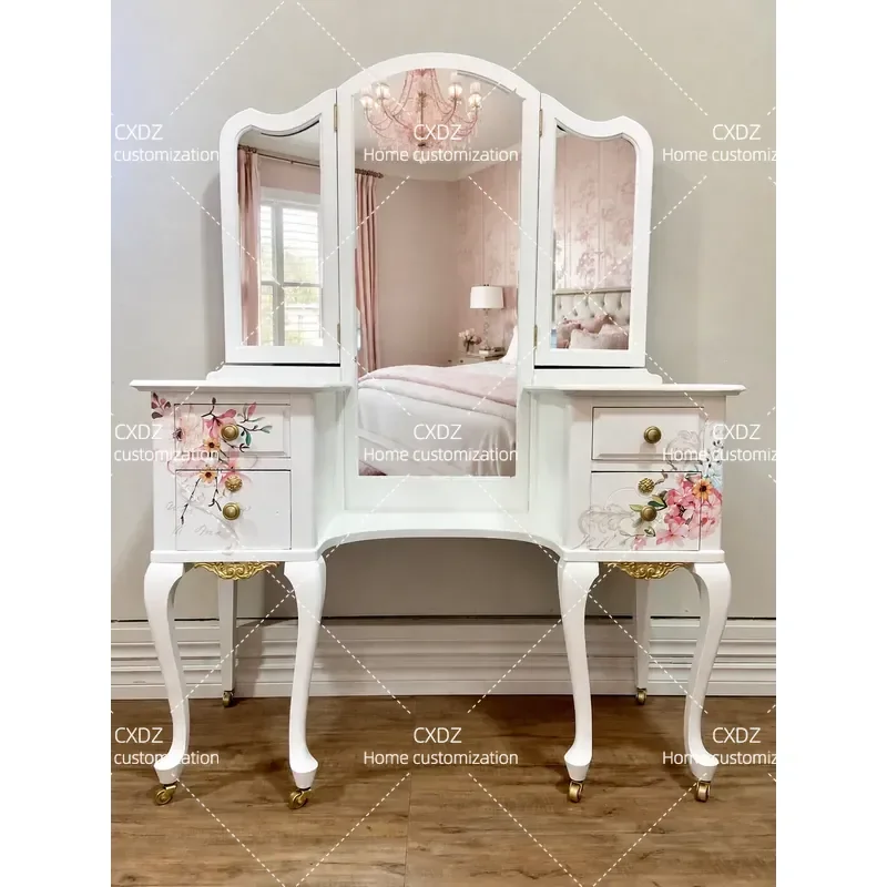 Light Luxury Hand Painted Bedroom Dressing Table American Hand Carved Makeup Table with Mirror Furniture Combination