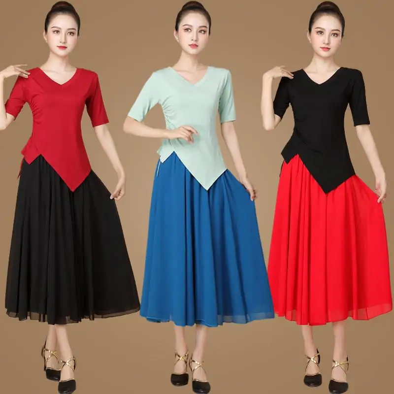 modern-dance-performance-clothing-spring-summer-new-style-square-dance-outfit-short-sleeve-set-dance-long-skirt-women-practic