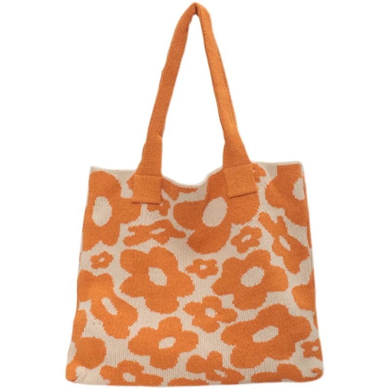 Bolsa de ombro de malha chique feminina, ecologicamente correta, feita à mão, balde floral, simples, elegante, macia, algodão, bolsas casuais, senhora, 2023