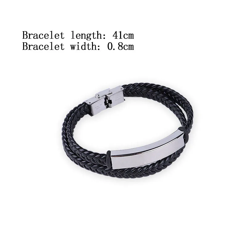 Leather Bracelet Stainless Steel Plate Blank To Record Layer Leather Bracelet For Men Metal ID Tag Bangles Wholesale 10pcs