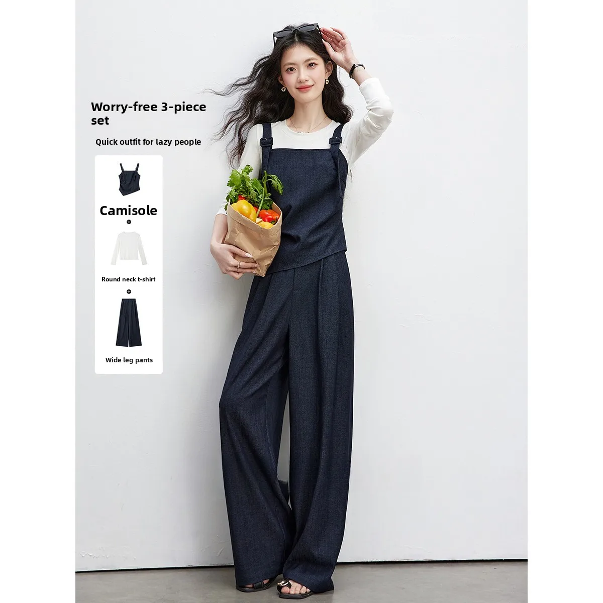 VIMLY Navy Commuter Three-piece Set for Women 2026 Autumn New Camisole Long Sleeve T-shirt Wide Leg Pants Matching Outfit A3812