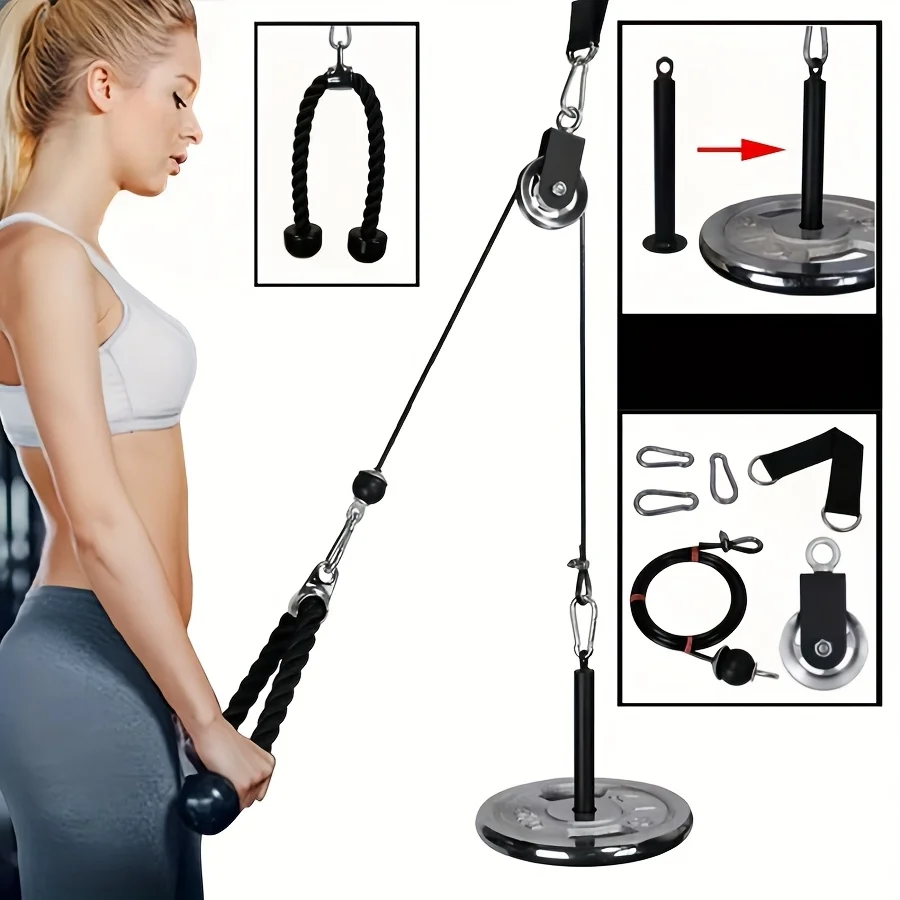 DIY Cable Pulley System Home Gym Lat Pulldown Set with Weight Plate Holder Tricep Rope for Back Arm Strength Training