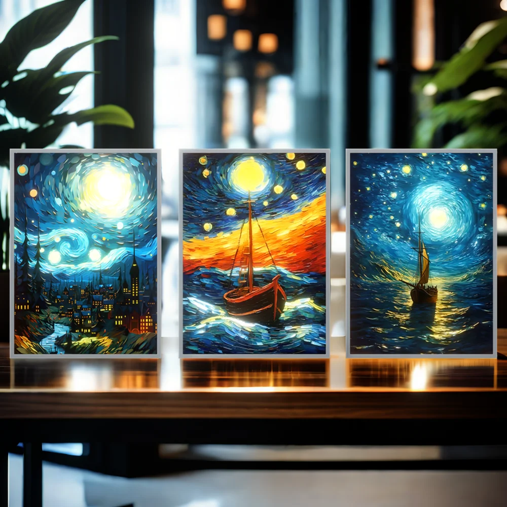 Van Gogh arte LED Home decoração luz pintura, moderno simples Photo Frame, original recarregável noite Mood lâmpada presente