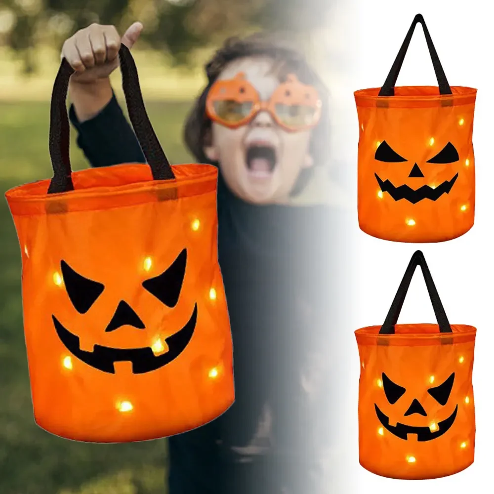 LED Light Halloween Trick or Treat Bucket Pumpkin Candy Bags Collapsible Halloween Basket for Thanksgiving Party Gift Basket