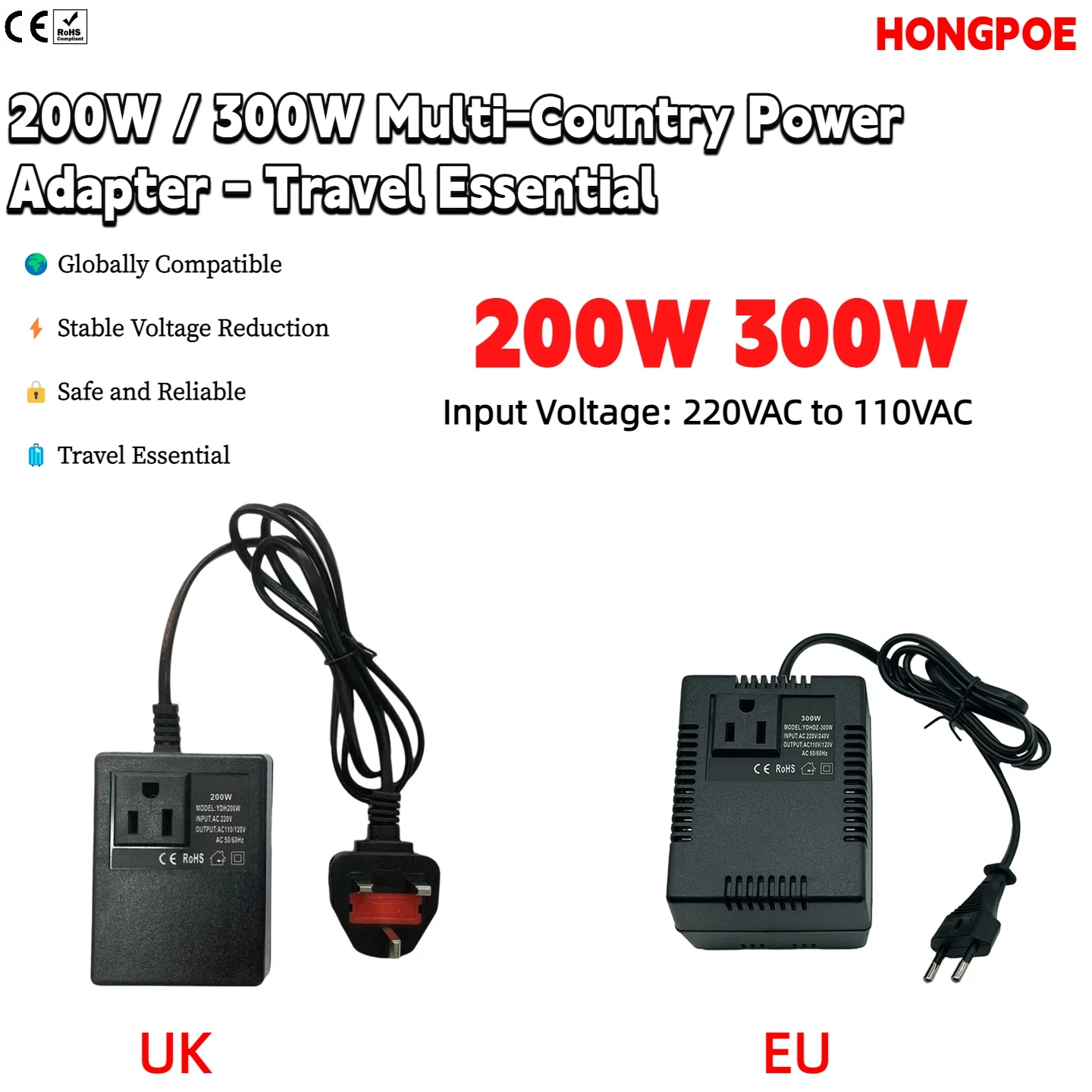 

Адаптер питания 200/300 Вт (EU/UK), трансформатор 220/110 В переменного тока, незаменим для путешествий, подходит для светодиодных колонок, компьютеров и устройств видеонаблюдения.