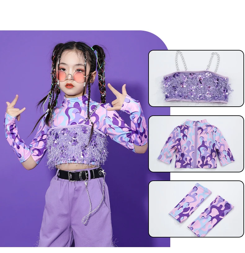 LOlanta Dance Costume for Kids Girl Top+Pants Sequins Outfit Hip Hop Jazz Clothing Team Performance Set Purple 4-16 Years