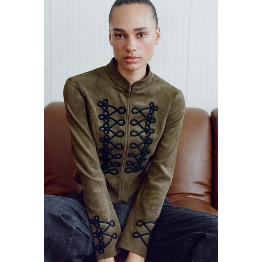 Fashionable Women's Jacket VA New Style Rope Knot Buckle Wind Velvet Texture Casual Fit Short Coat Polyester Fiber Long Sleeve