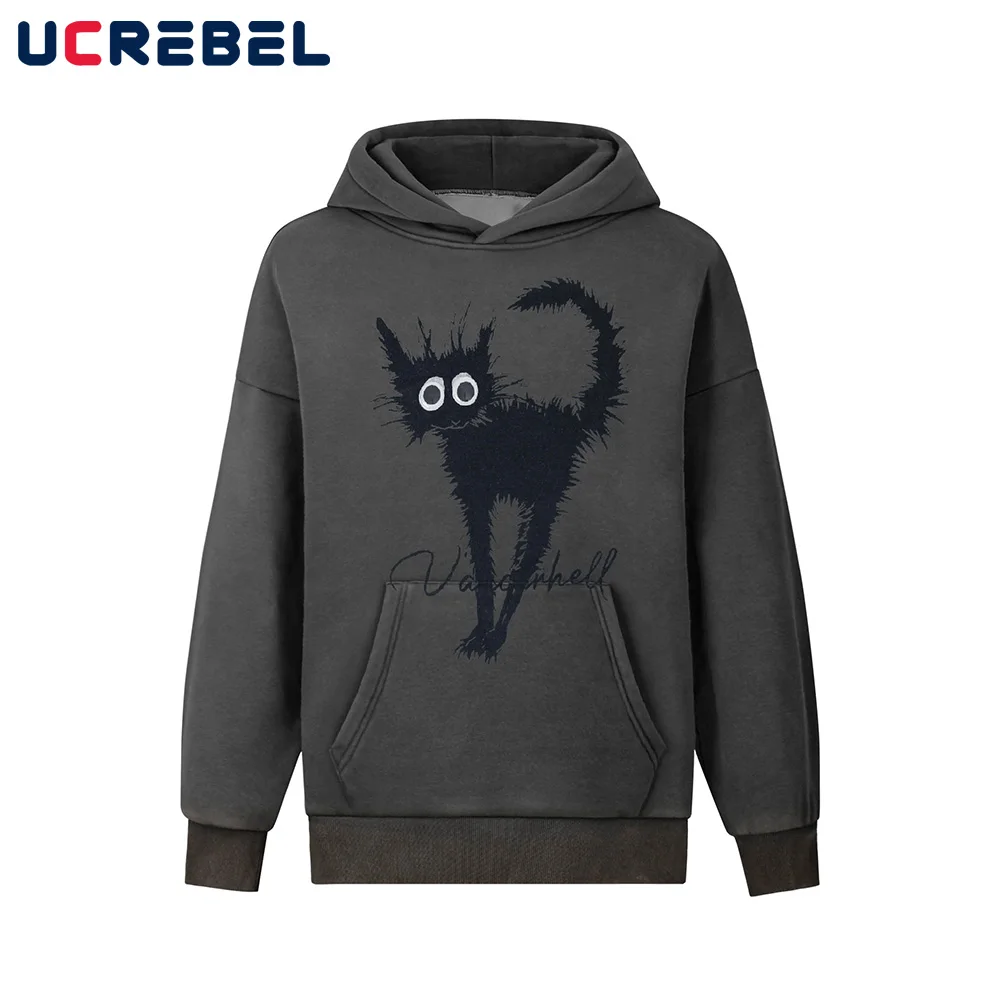 

Spoof Cat Print Hooded Sweatshirts Mens High Street Autumn Winter Fleece Long Sleeve Loose Hoodies Men