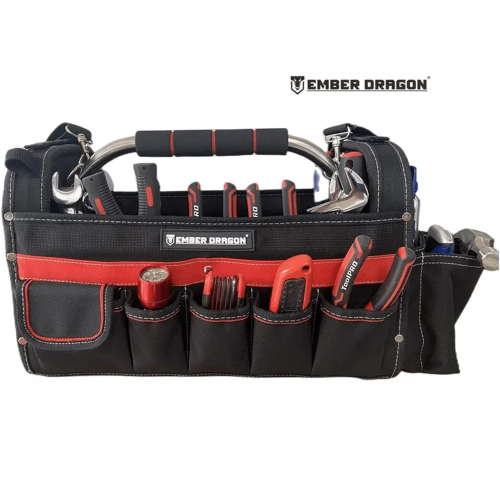 

Ember Dragon Oxford Cloth Tool Bag with Open Steel Handle Shoulder Strap Pockets Heavy Duty Reinforced Material Electrician