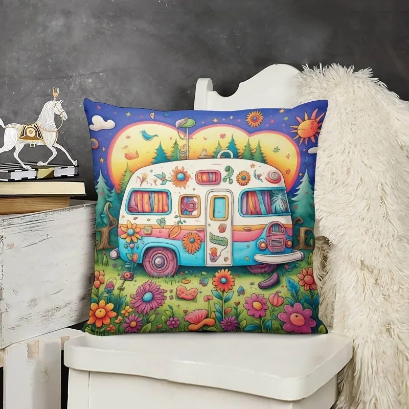 Cute And Colorful Happy Camper Cushion Case Camper Trailer Campfire Decorative Pillowcase Square Cushion Cover Sofa Couch