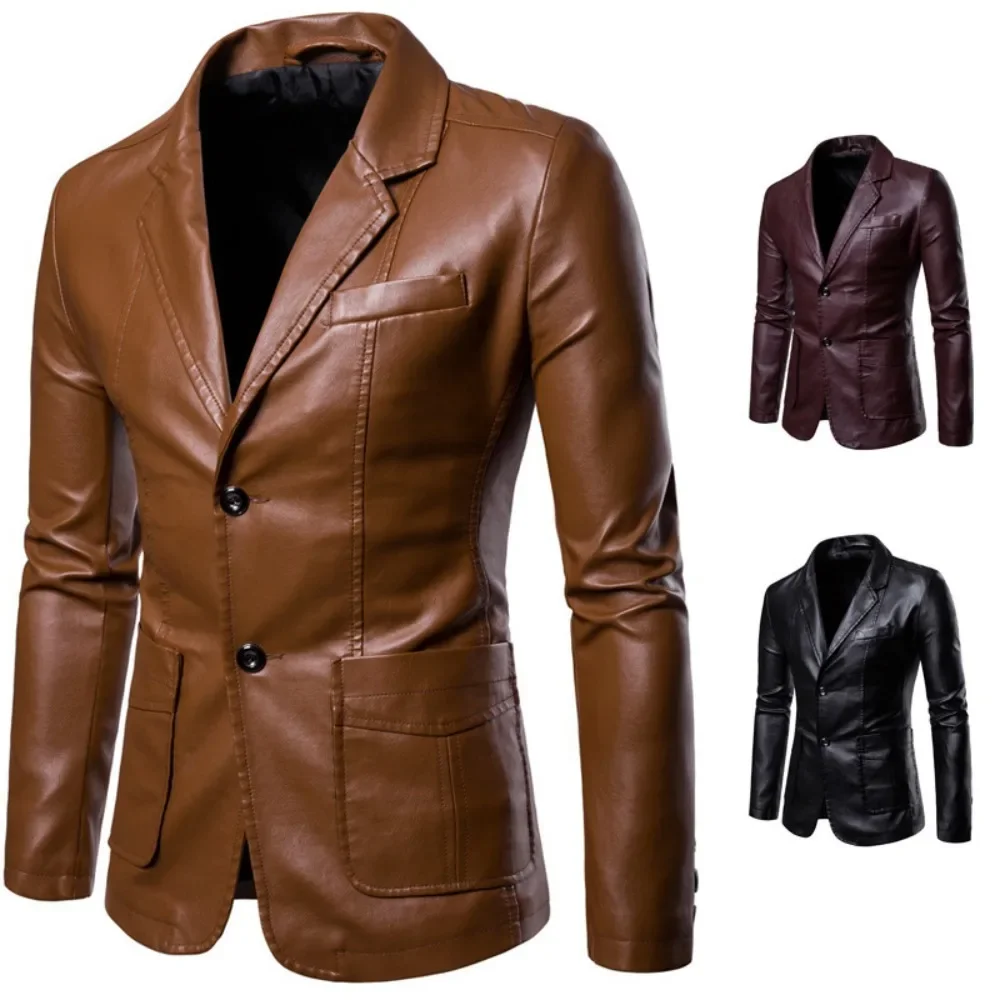 

2024 Spring Autumn Fashion New Men's Lapel Leather Dress Suit Coat / Male Business Casual Pu Blazers Jacket