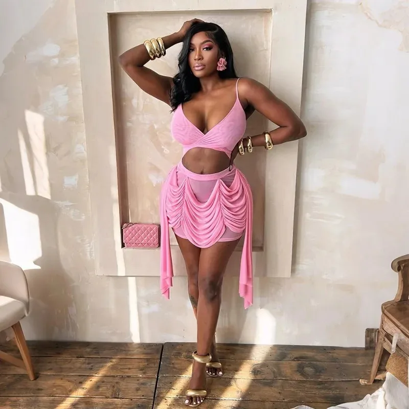 

KEXU Sexy Hollow Out Birthday Woman Dress Rave Club Night Spaghetti Strap V-neck Ruched Mesh Party Mini Bodycon Short Dresses