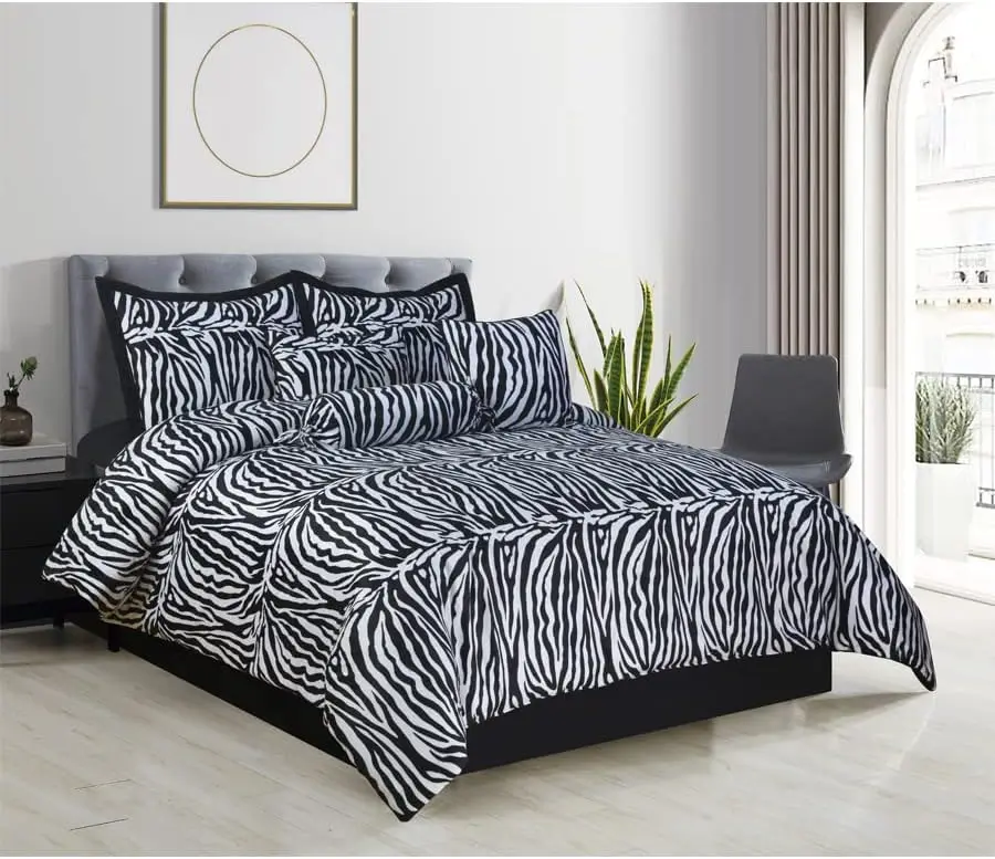 

7 Pc Black & White Zebra Animal Print Faux Fur Queen Size Comforter Bedding Set Cotton bed sheet set Bed set twin size Lankybox