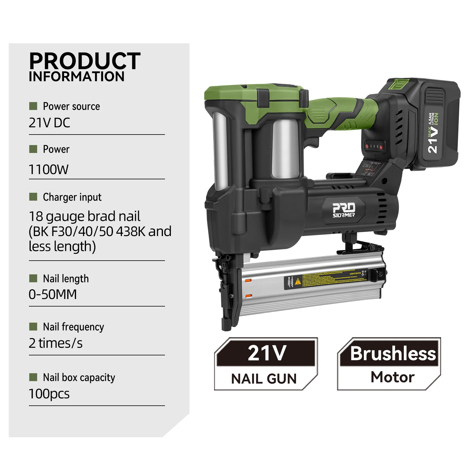 21V Electric Nail Gun, Brushless Nailer, 2-in-1 Function Mode, 4500mah Battery With 6 Rows Of 18 Gauge Rivets