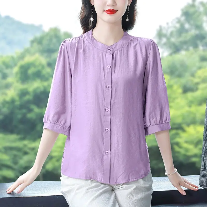 

Women's Cotton Linen Half Sleeve Shirt Loose Belly Covering Summer Top Korean Style Button Detail Thin Fabric Pure Color