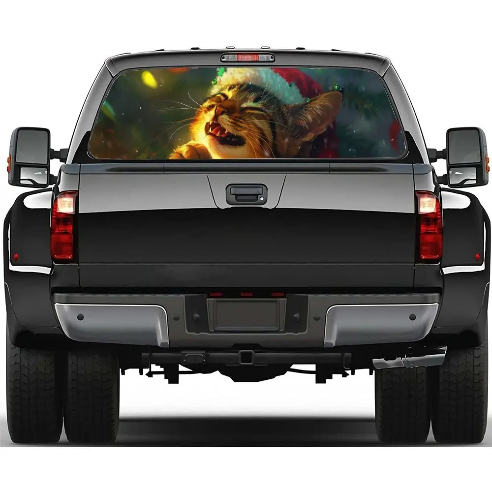 

Cute Cat Wearing Christmas Hat Car Rear Windshield Sticker Truck Window See Through Perforated Back Window Vinyl Decal Decor