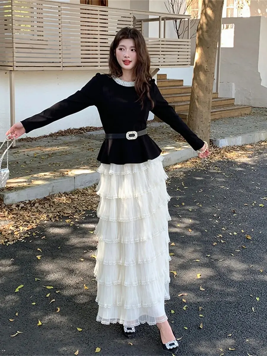 

Женские осенние пальто, комплект из двух предметов, роскошная куртка из бисера, длинные каскадные юбки-торты с рюшами, офисный женский наряд для бизнеса