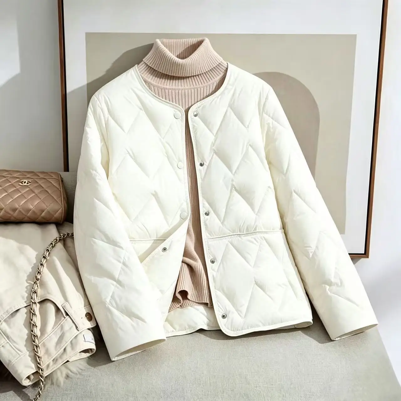 Women Casual Round Neck Quilted Puffer Jacket, Lightweight Button‑Up Warm Short Winter Coat with Side Pockets