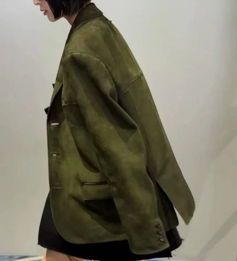 Women's Oversized Suede Leather Blazer Coat female Green Veste Single Breasted Leather Jacket 2025 Winter suede jacket woman