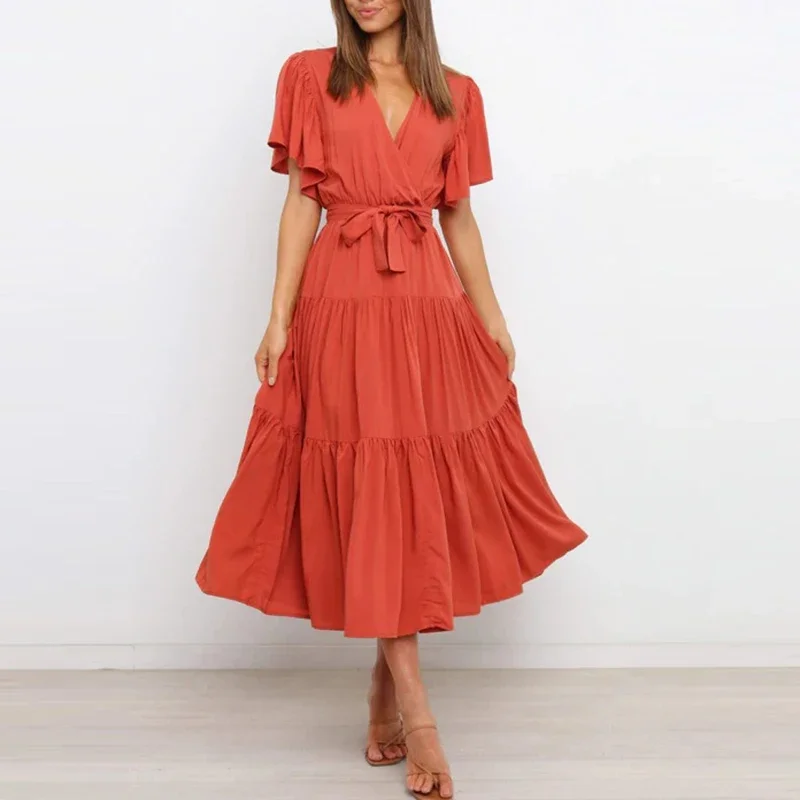 

Summer Ladies New Casual Solid Color Short Sleeves Maxi Dress Fashion Commute Lace-up High Waist Ruffled Dresses Bohemia Women's