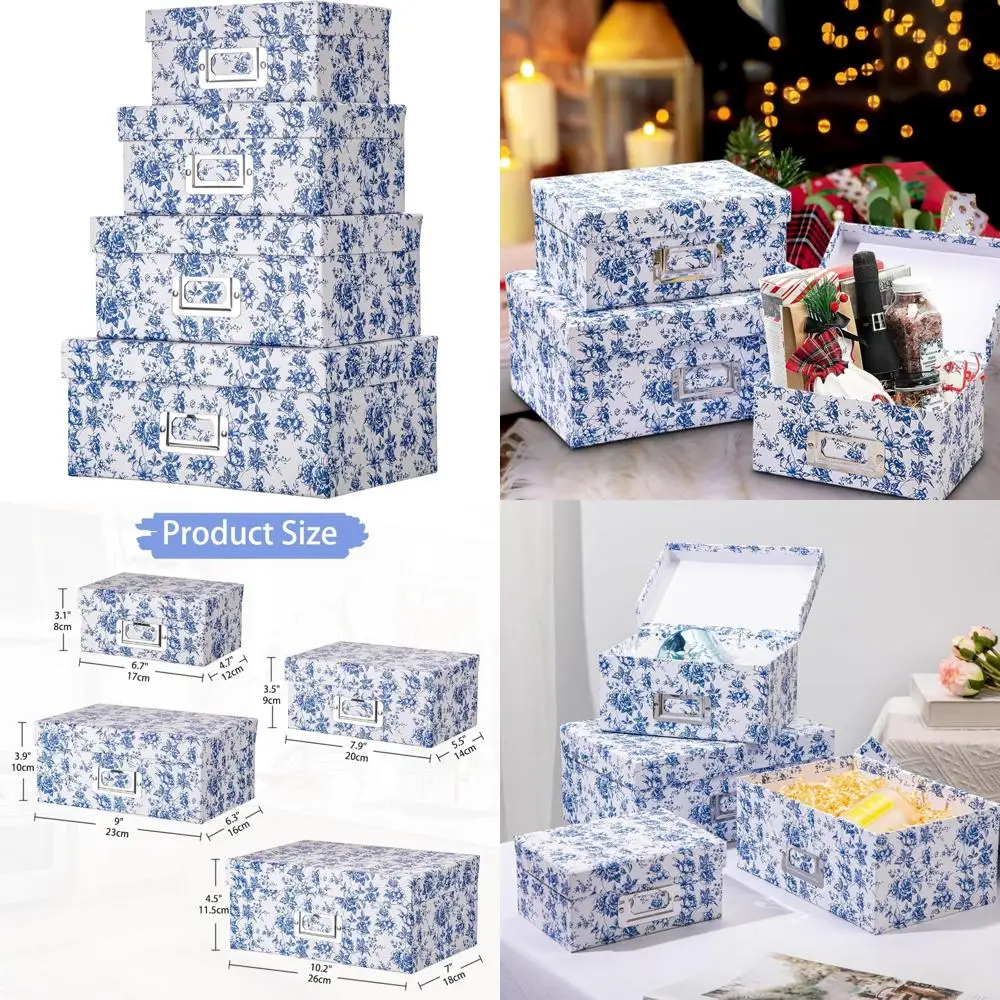 صناديق تخزين الصور من البورسلين باللونين الأزرق والأبيض العتيق، مجموعة ديكور مكونة من 4 قطع مقاومة للماء مع أغطية، مجموعة صندوق هدايا مثالية